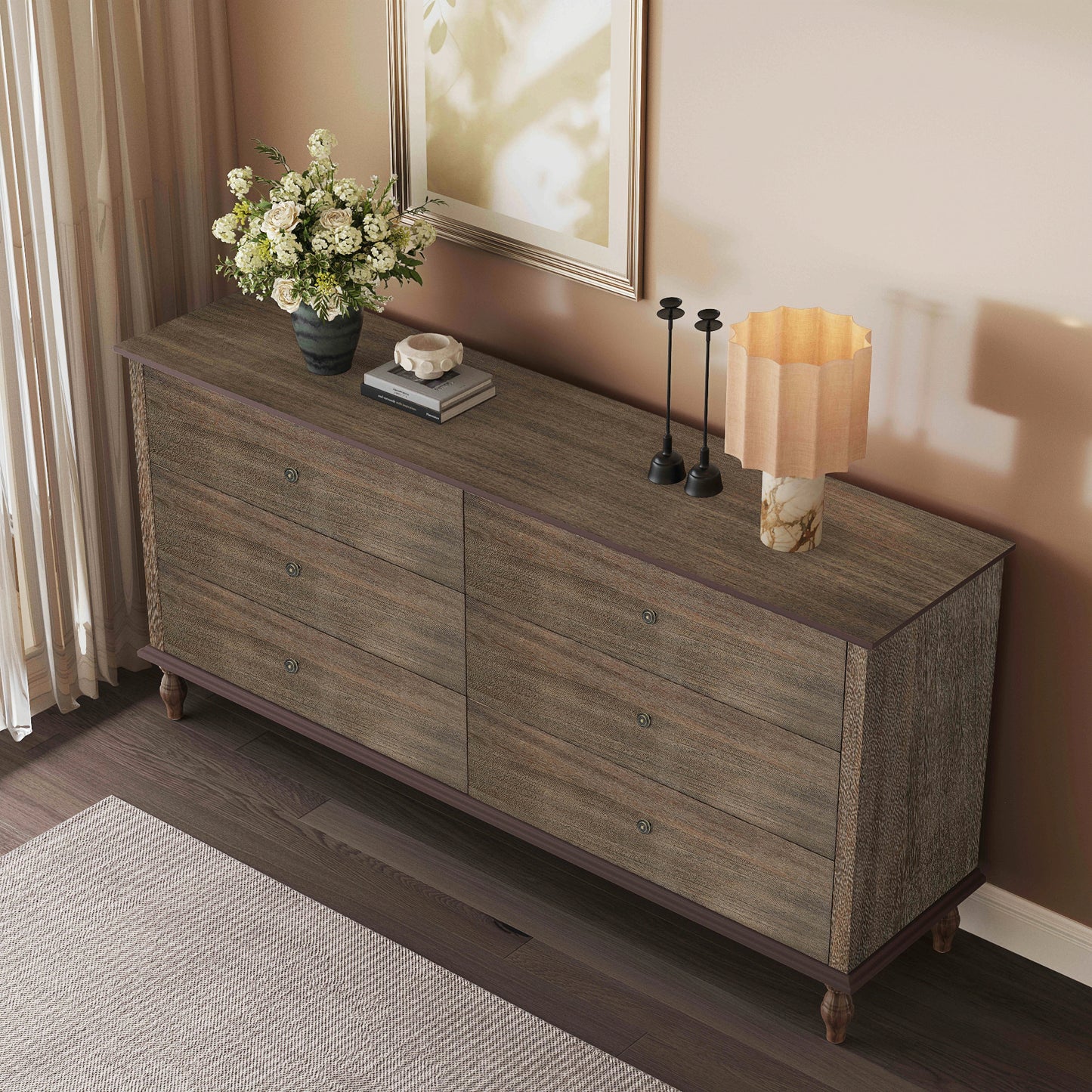 6-Drawer Double Wide Wood Dresser - Deep Rustic Brown