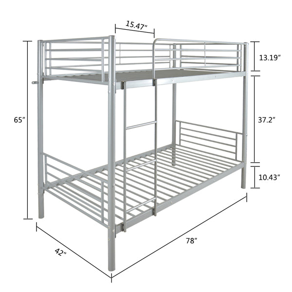 Iron Bed Bunk With Ladder For Kids Twin Size Gray