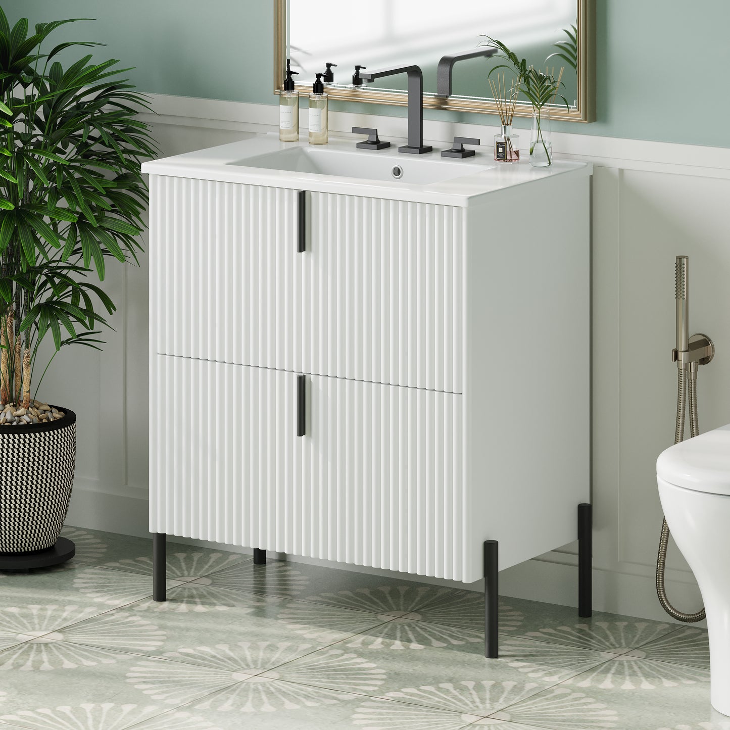 30" White Bathroom Vanity with Ceramic Sink & Full-Extension Drawers