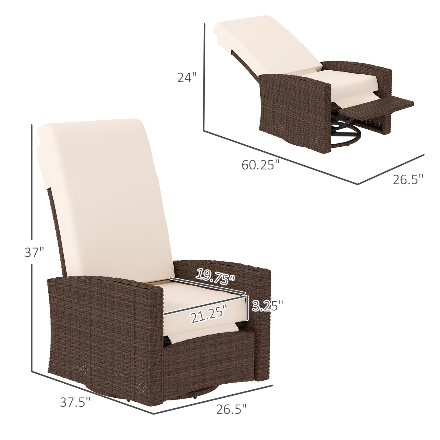 Outdoor Wicker Swivel Recliner Chair with Footrest - Cream White