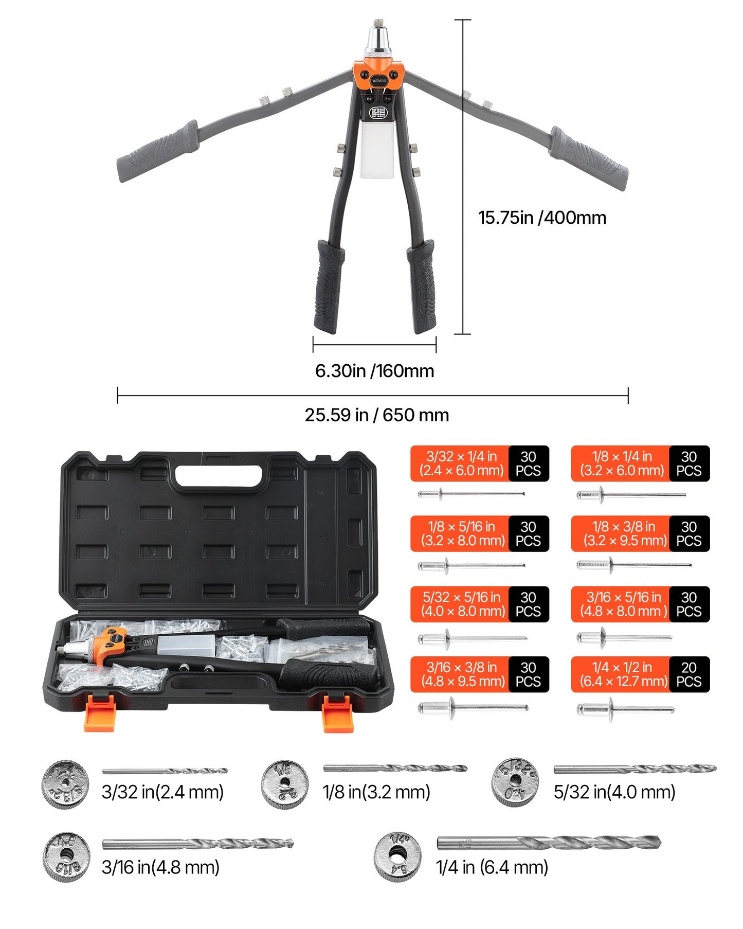 Manual Rivet Gun Kit with 230 Blind Rivets, Interchangeable Nosepieces & Carrying Case
