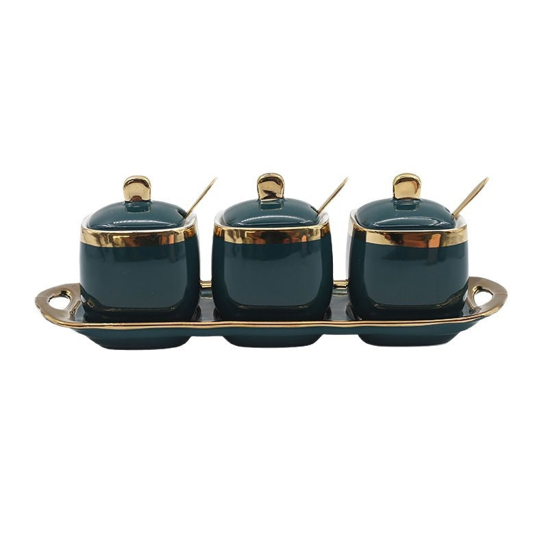 Ceramic Salt & Sauce Pot Set - Seasoning Jar for Kitchen, Oil & Vinegar Dispenser
