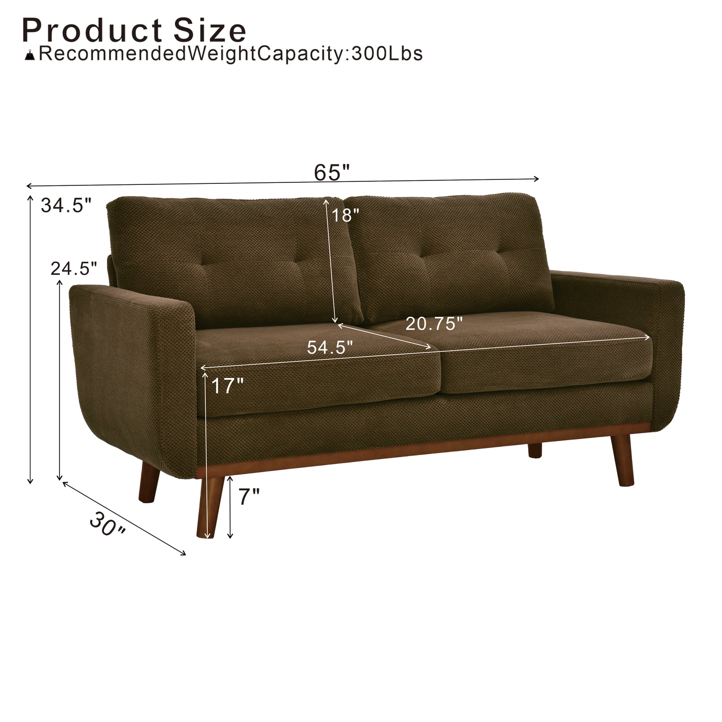 65-Inch Modern Minimalist Loveseat with Nubby Upholstery - Coffee
