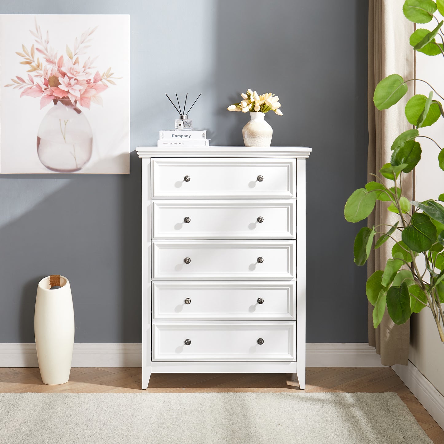 Modern 5-Drawer Dresser - White Chest of Drawers for Storage