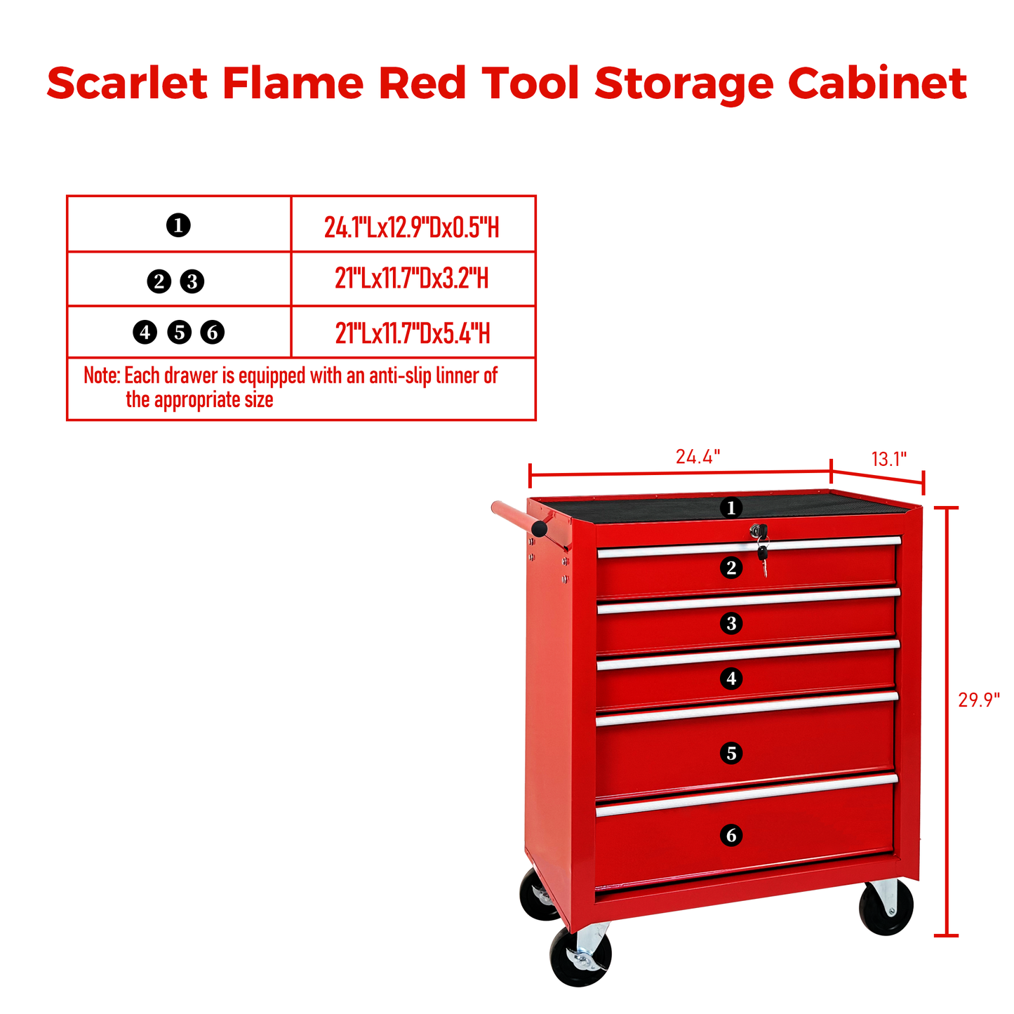 5-Drawer Rolling Tool Chest with Lock & Key - Red