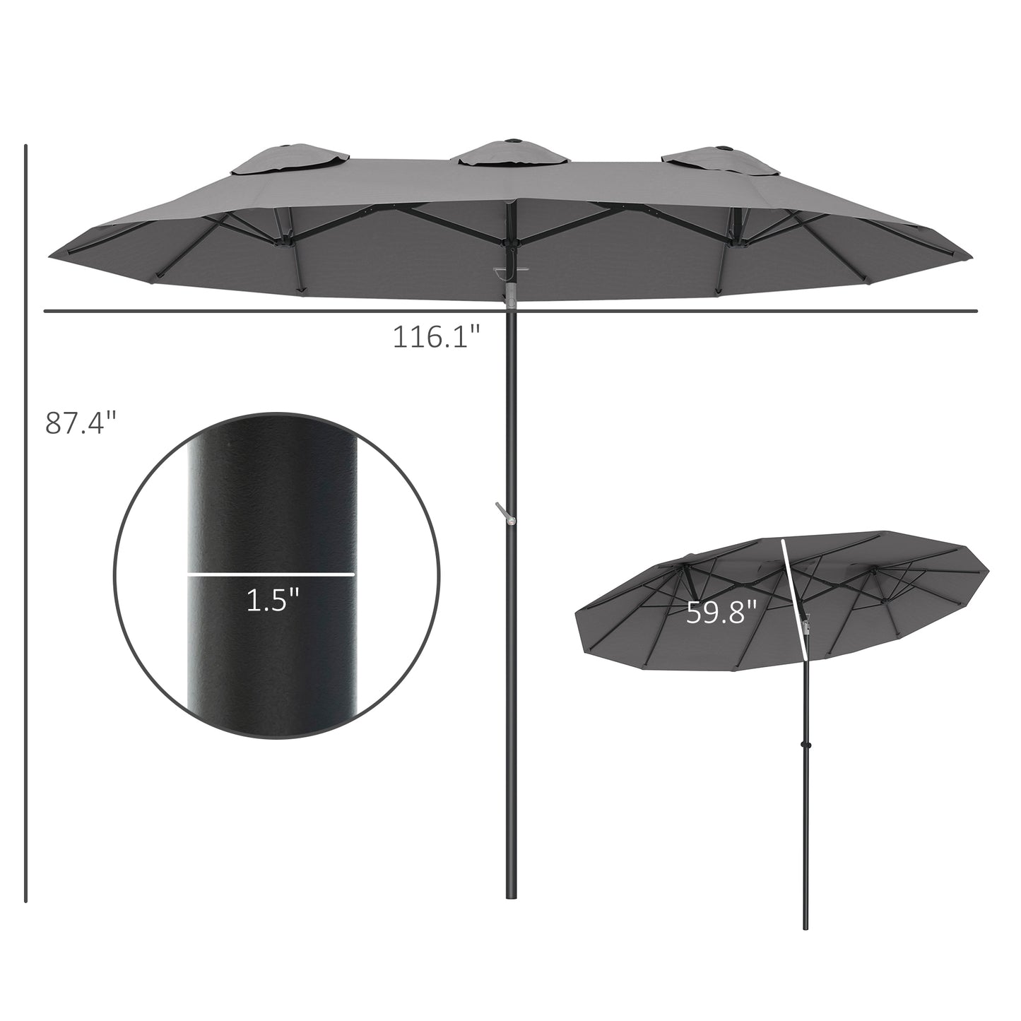 Double Sided Patio Umbrella - 9.7 ft Outdoor Market Umbrella, Gray