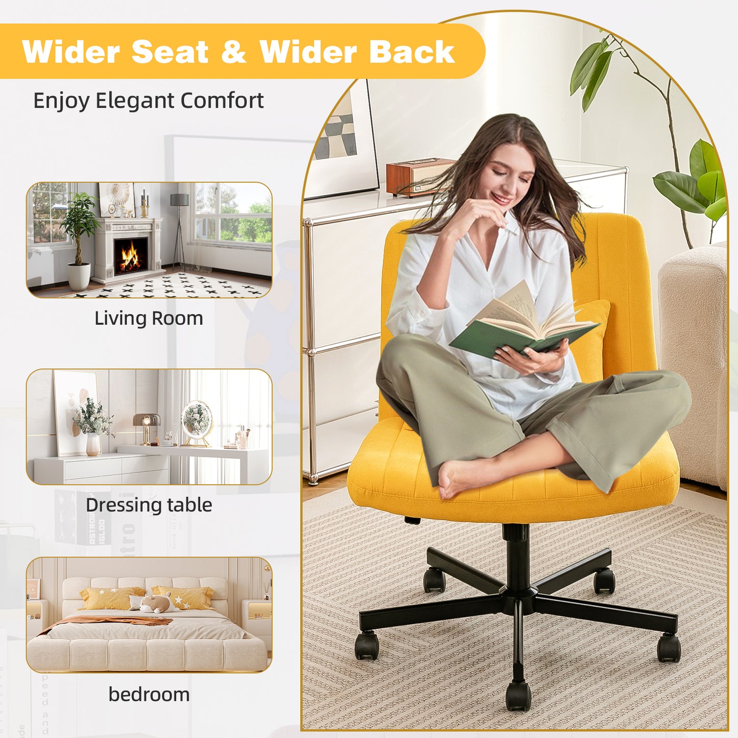 Yellow Linen Criss Cross Office Chair with Wheels - Ergonomic Design