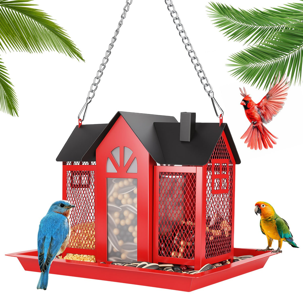 Metal Bird Feeder House with Visible Window & Lift Top - Outdoor Garden Decor