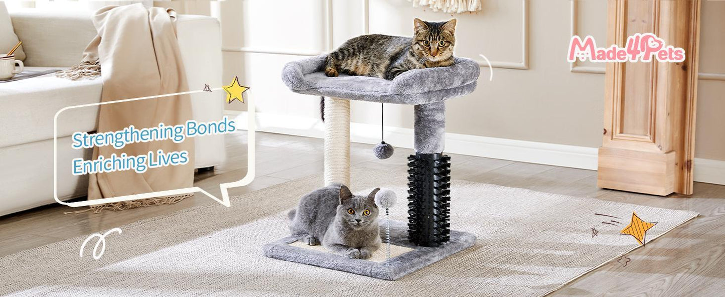 Small 4-in-1 Cat Tree Tower with Self-Grooming Brush & Sisalg Scratching Post - Grey