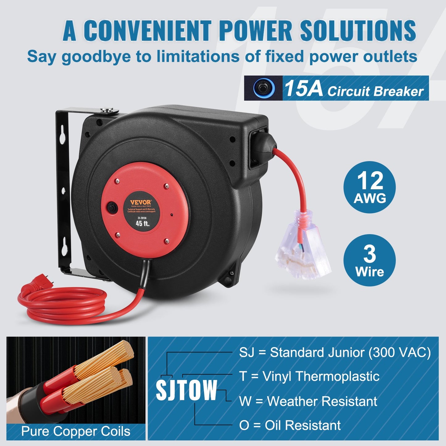 45FT Heavy Duty Retractable Extension Cord Reel with 3 Outlets, Water-Resistant Power Cord