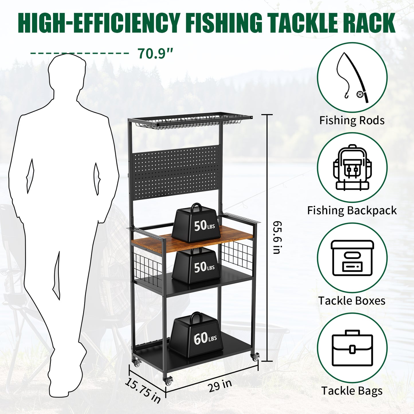 Fishing Rod Storage Rack with Pegboard - Rolling Tackle Organizer Cart