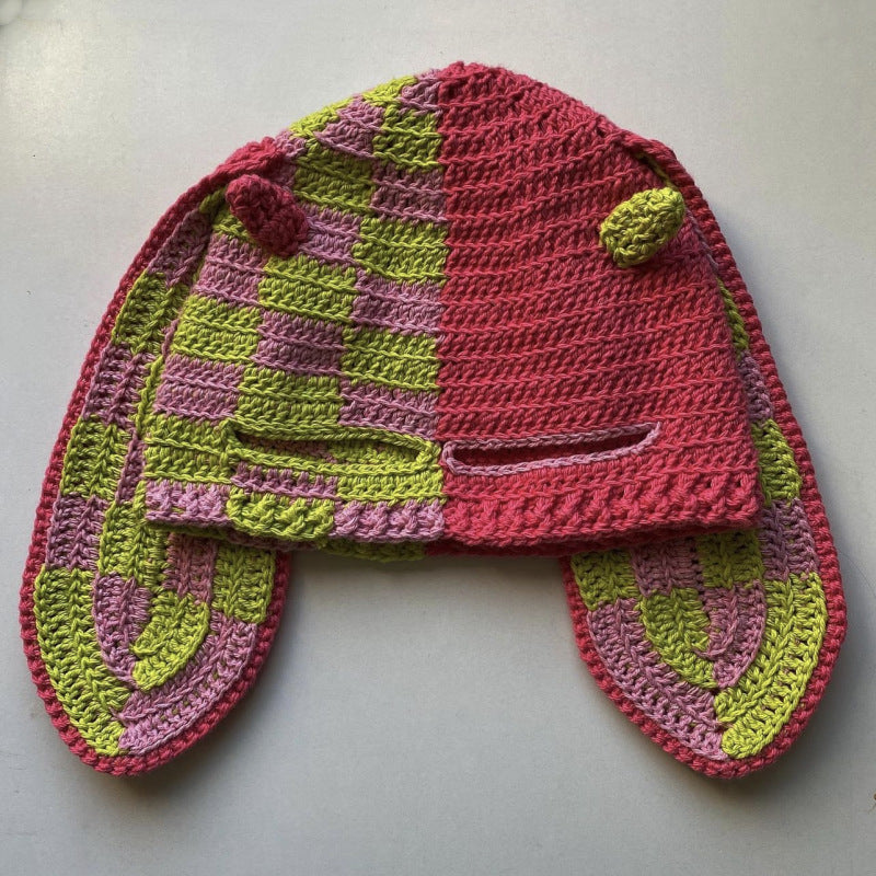 Knitted Rabbit Ear Mask Hat - Funny One-Eye Exposed Horn Thermal & Windproof