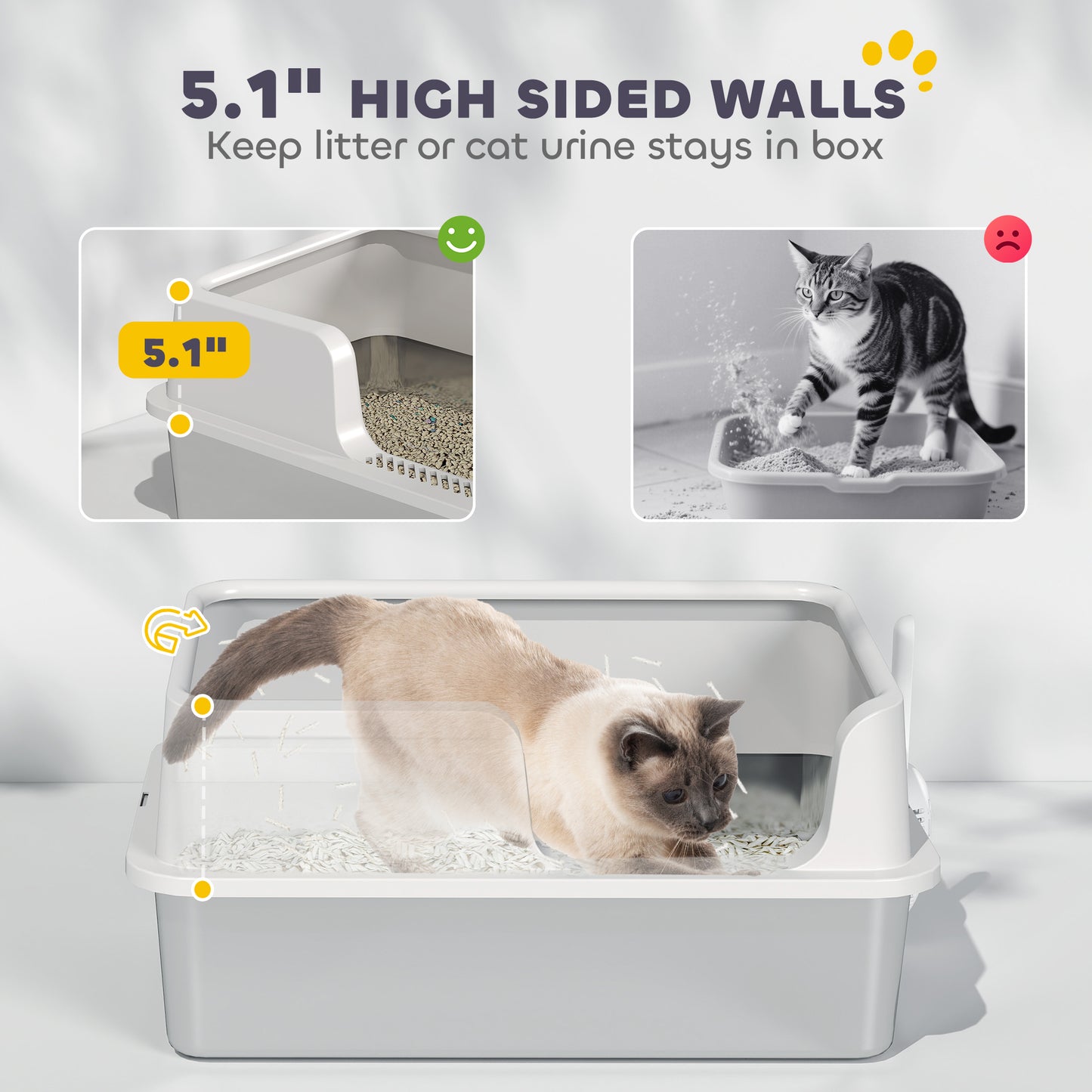 Stainless Steel Cat Litter Box with High Sides & Scoop - Light Gray