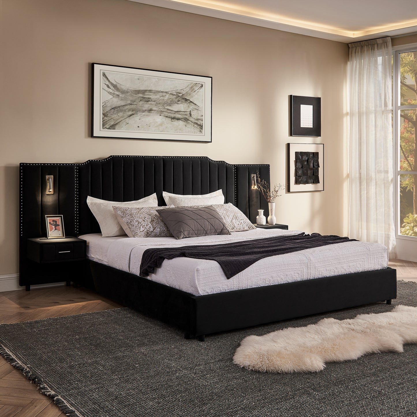 King Size Upholstered Bed Frame with Velvet Fabric & Headboard - Black