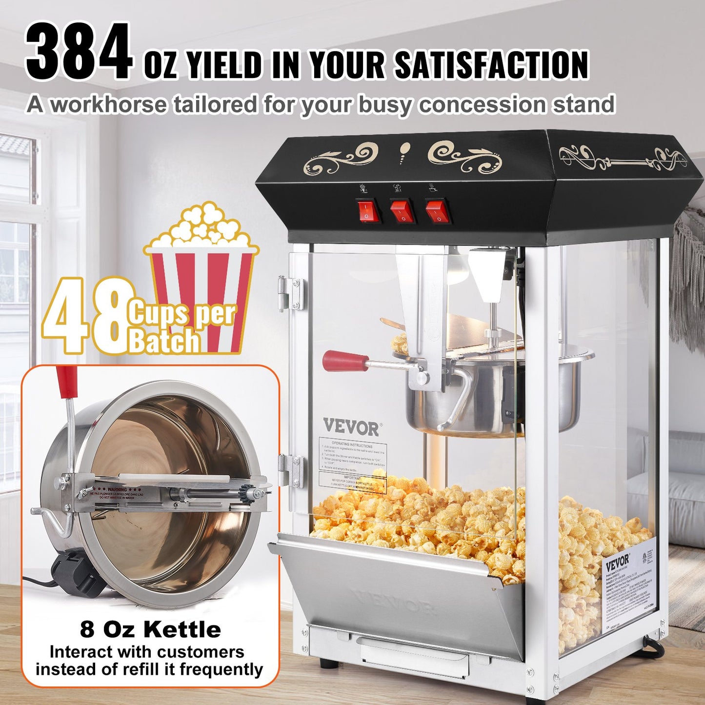 Commercial Popcorn Maker Machine 850W 8 Oz Countertop Popcorn Popper - Black