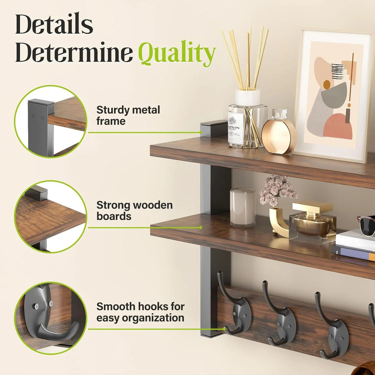 Wall-Mounted Shelf Living Room Decorative Display Rack with Hooks
