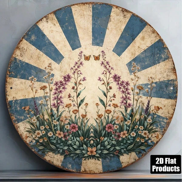 Vintage Butterfly & Flower Metal Round Sign - 8x8in