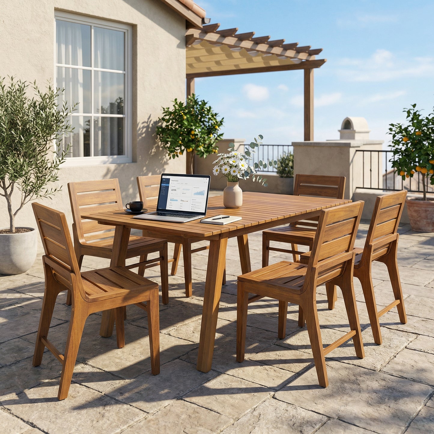 7-Piece Outdoor Dining Set - 69" Solid Wood Table & 6 Chairs