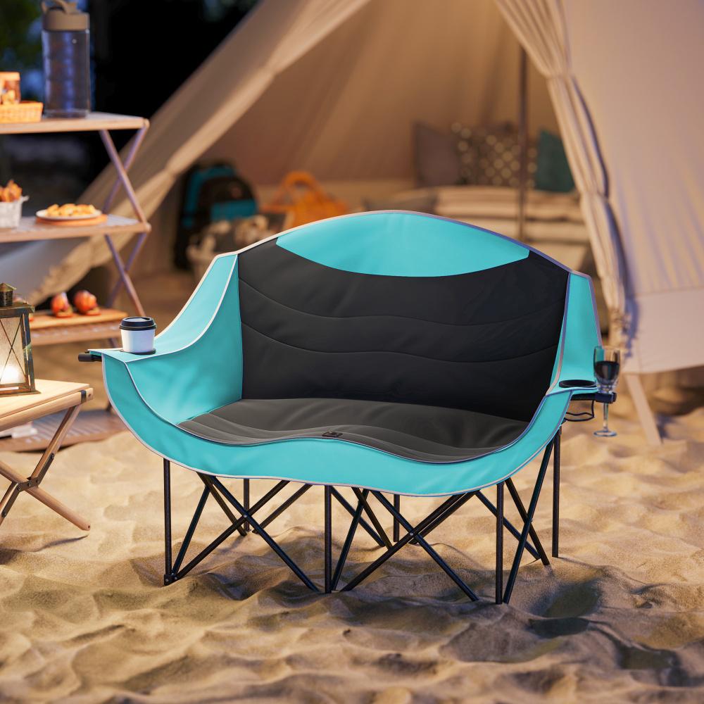 Padded Folding Camp Chair for Adults - Green, Double Seat with Armrests and Cup Holders