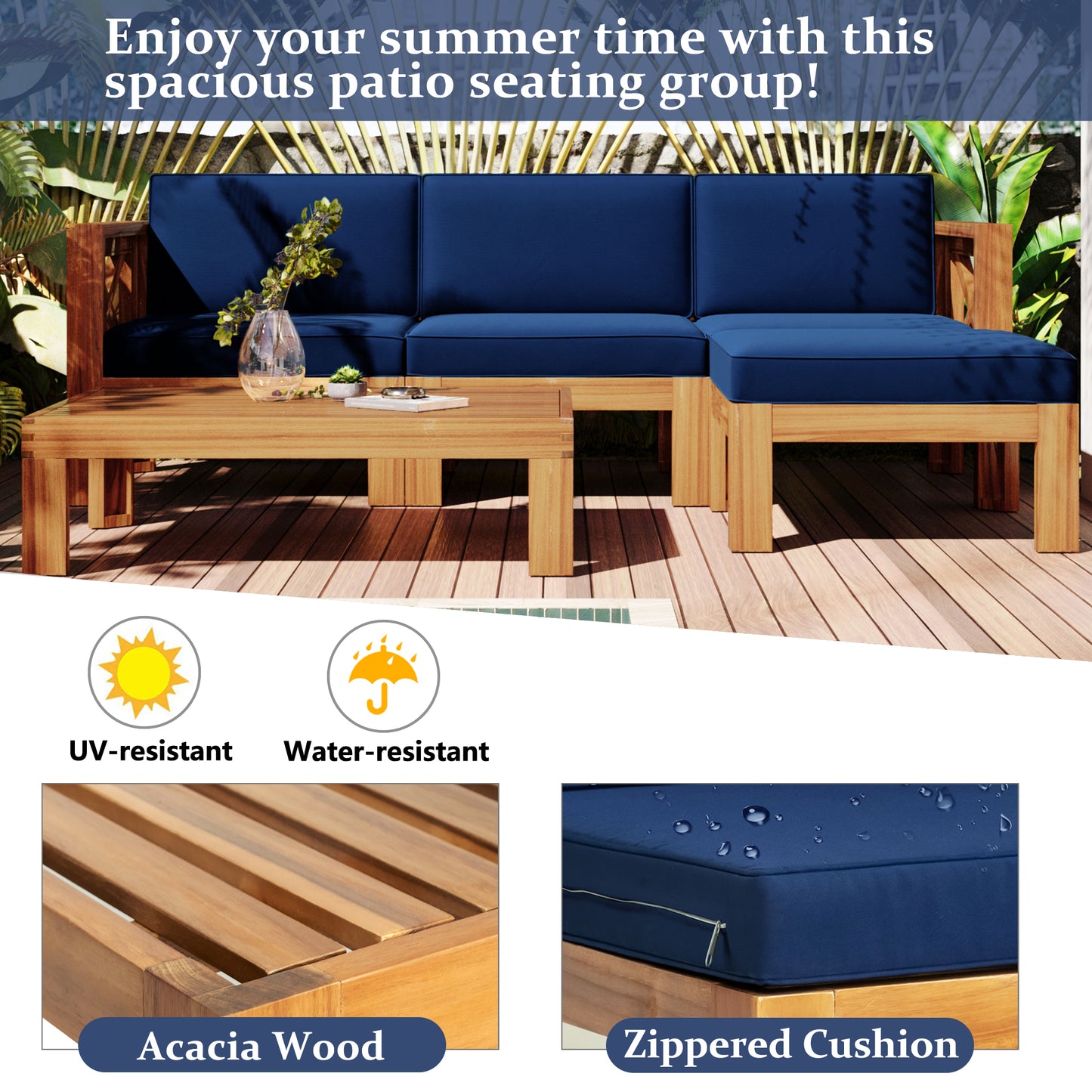 5-Piece Outdoor Patio Sectional Sofa Set with Blue Cushions
