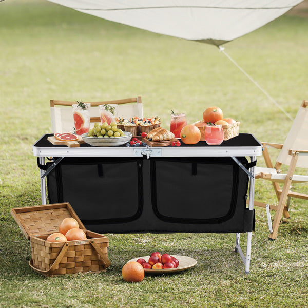 Portable 4ft Folding Camping Table with Storage Compartments - Black
