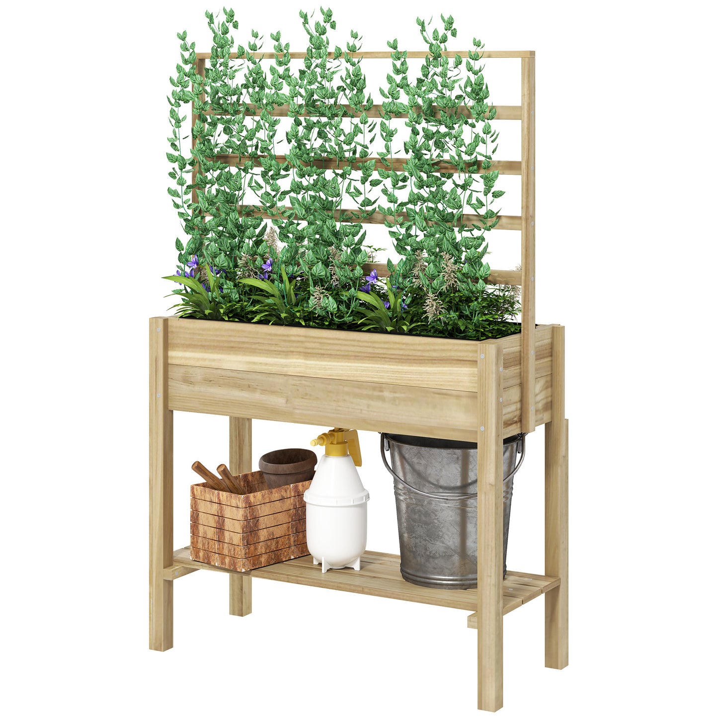 Wooden Raised Garden Bed with Trellis and Storage Shelf - Outdoor Planter Box