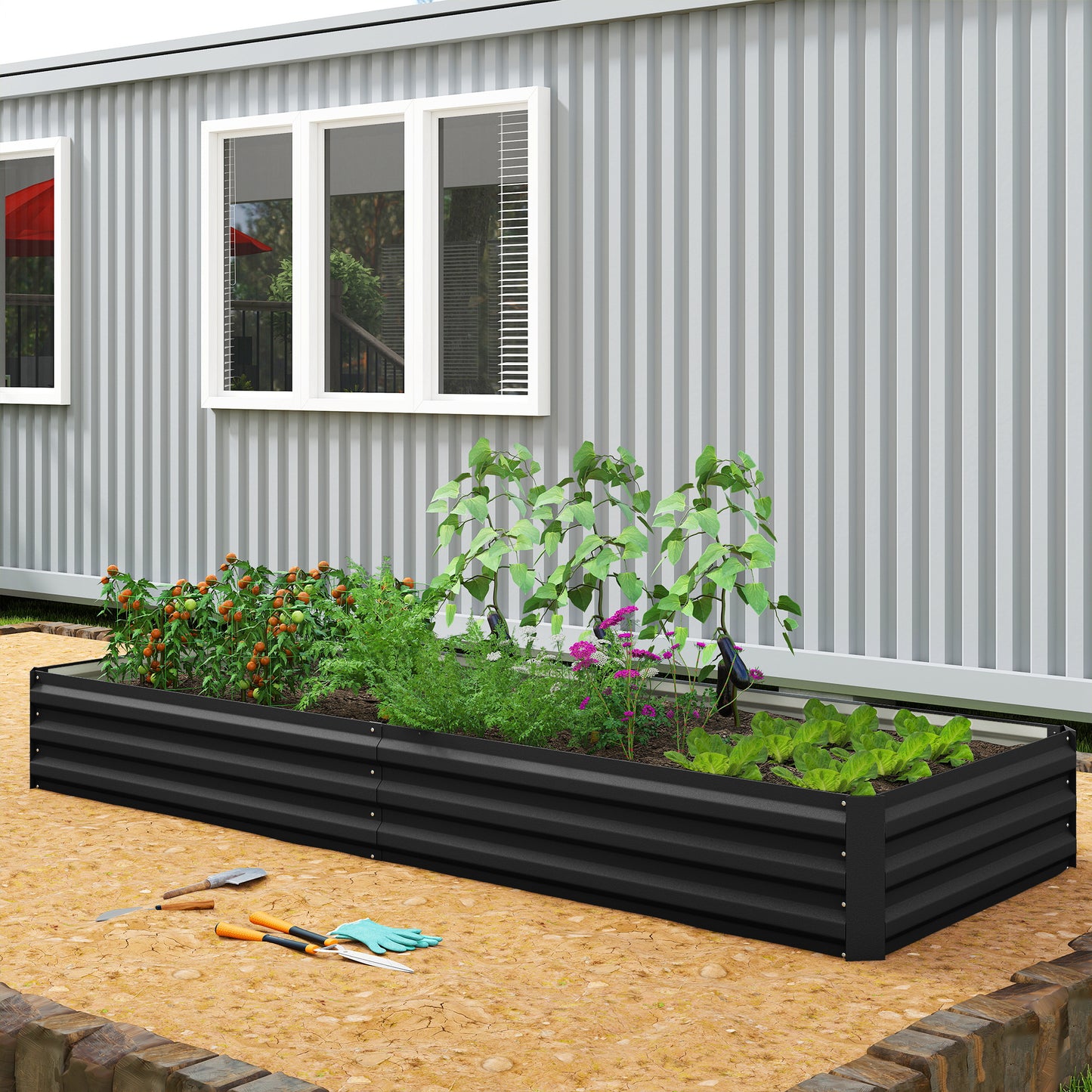 Galvanized Raised Garden Bed 95x36x12 Inches for Flowers Herbs Vegetables Black