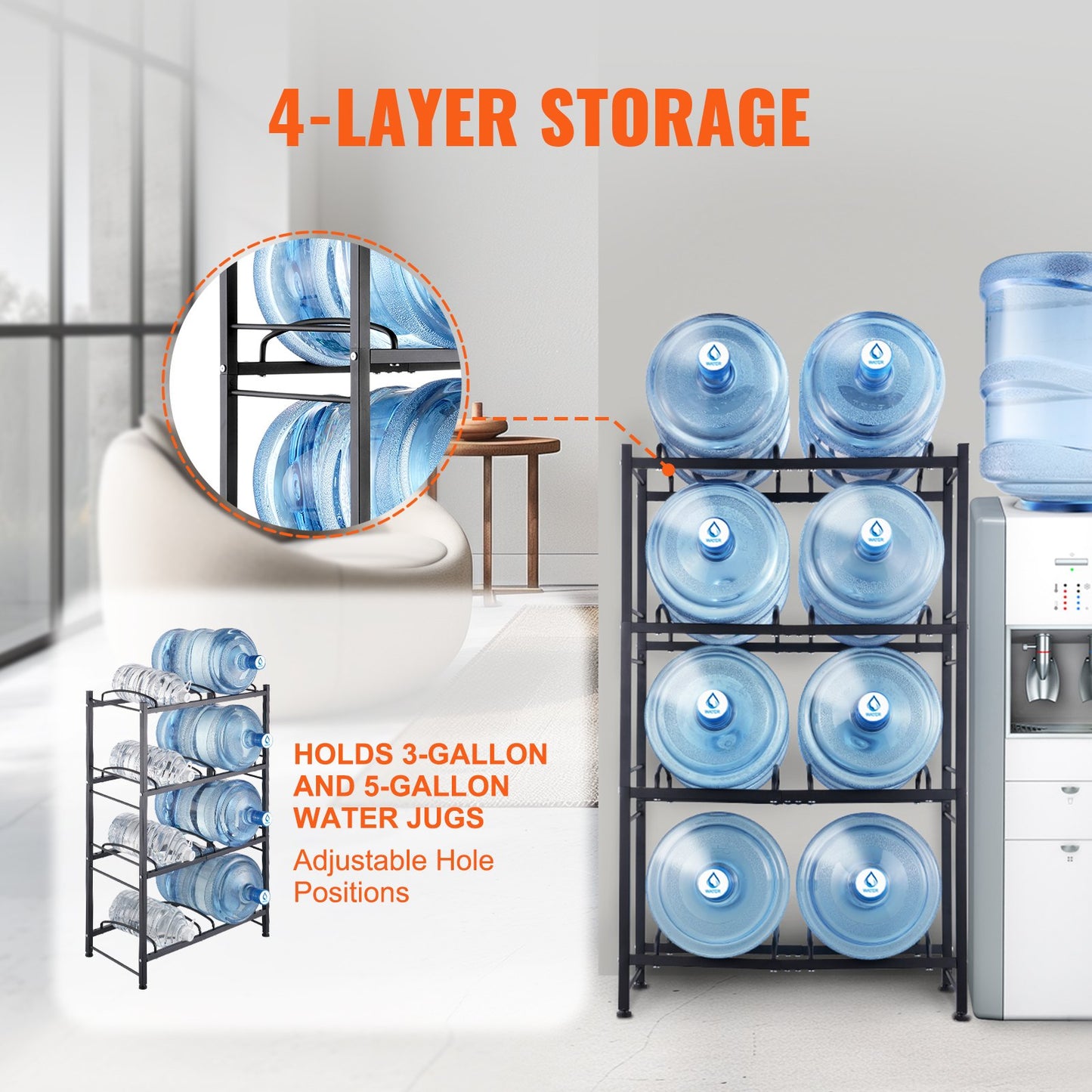 4-Tier Water Bottle Rack - Holds 8 Bottles, Black