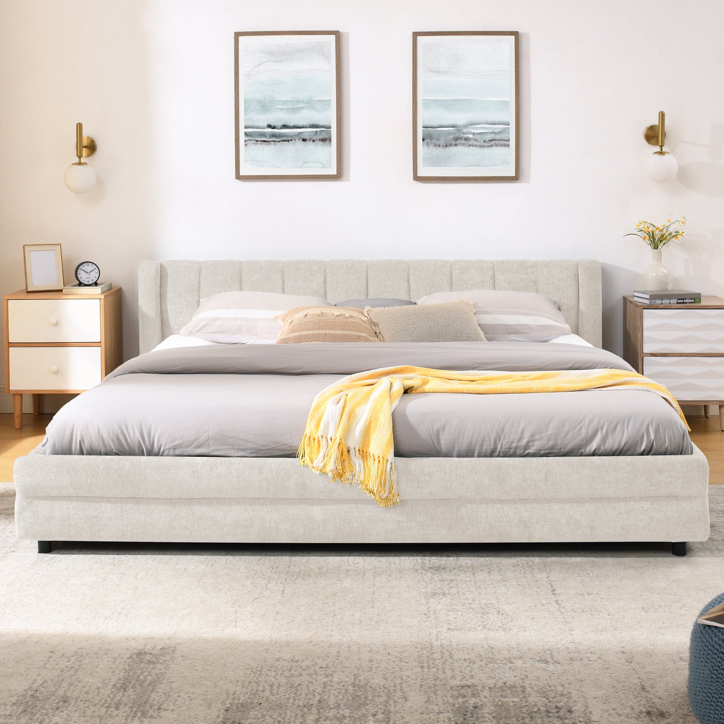 King Size Upholstered Bed Frame with Storage Drawer - Beige