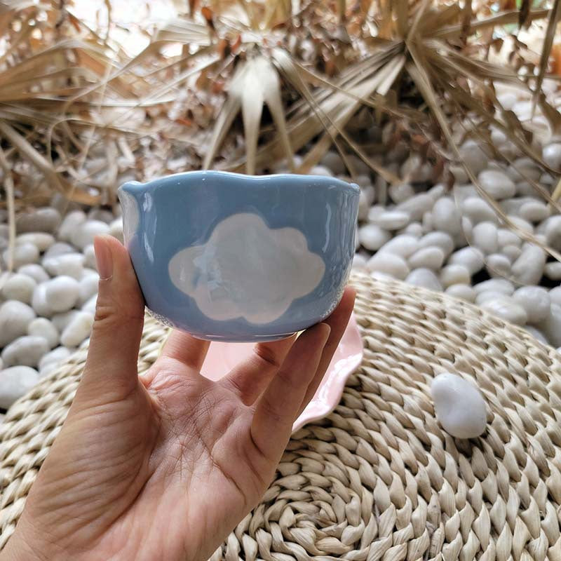 Hand Painted Blue Sky & Cloud Coffee Cup and Saucer - Porcelain Drinkware