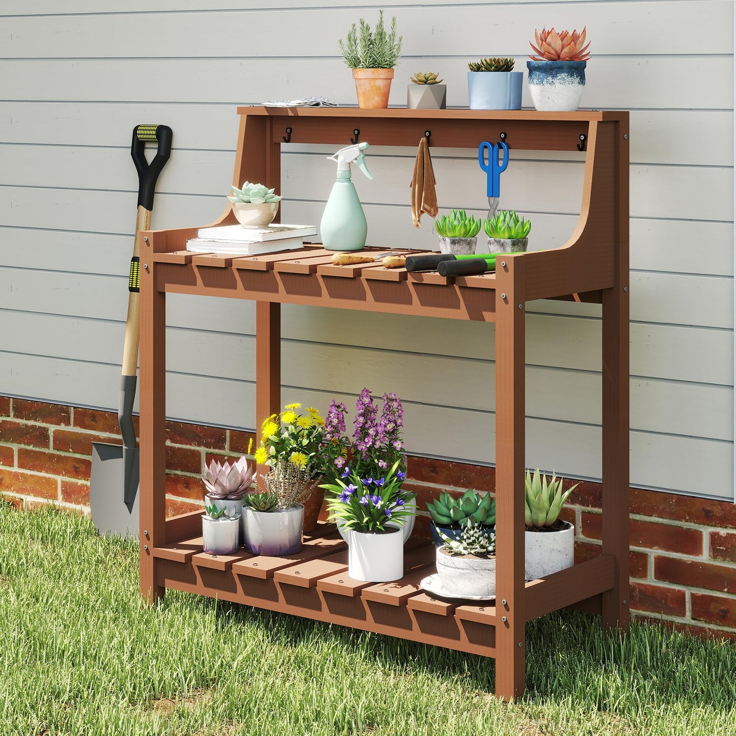 Outdoor Potting Bench with Storage - All Weather HDPE - Brown