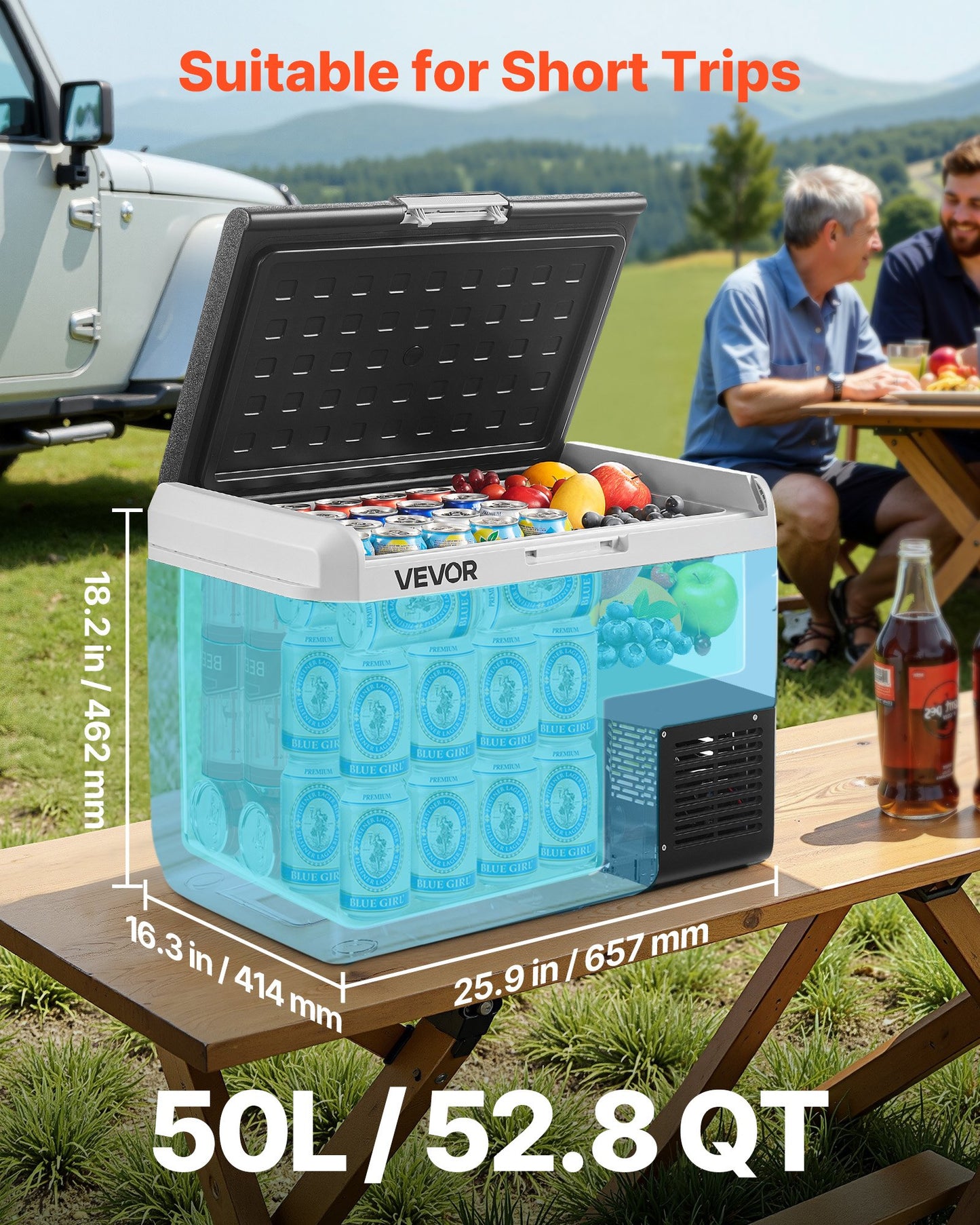12V Portable Car Refrigerator Freezer 52.8QT Electric Cooler for Camping - Black