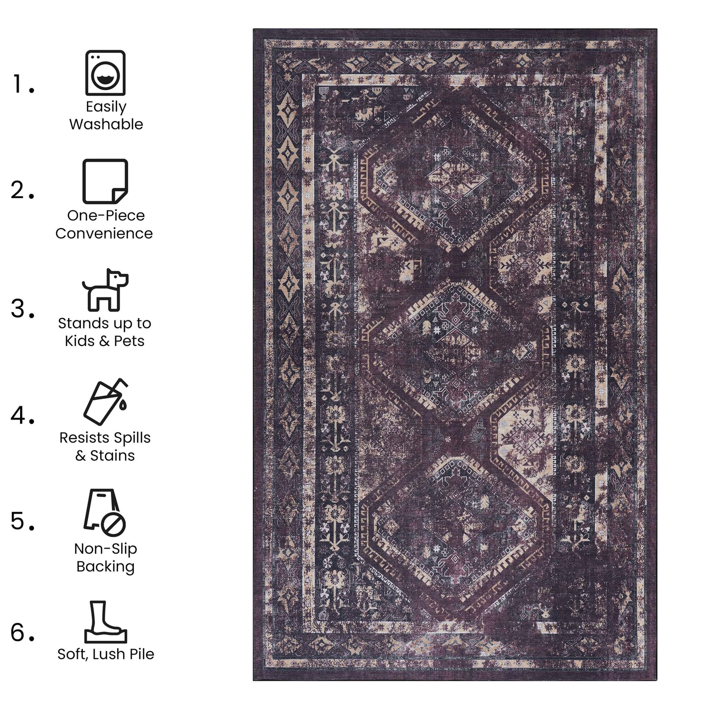 MAVAL Black Washable Rug 2' X 3' Doormat Burgundy,