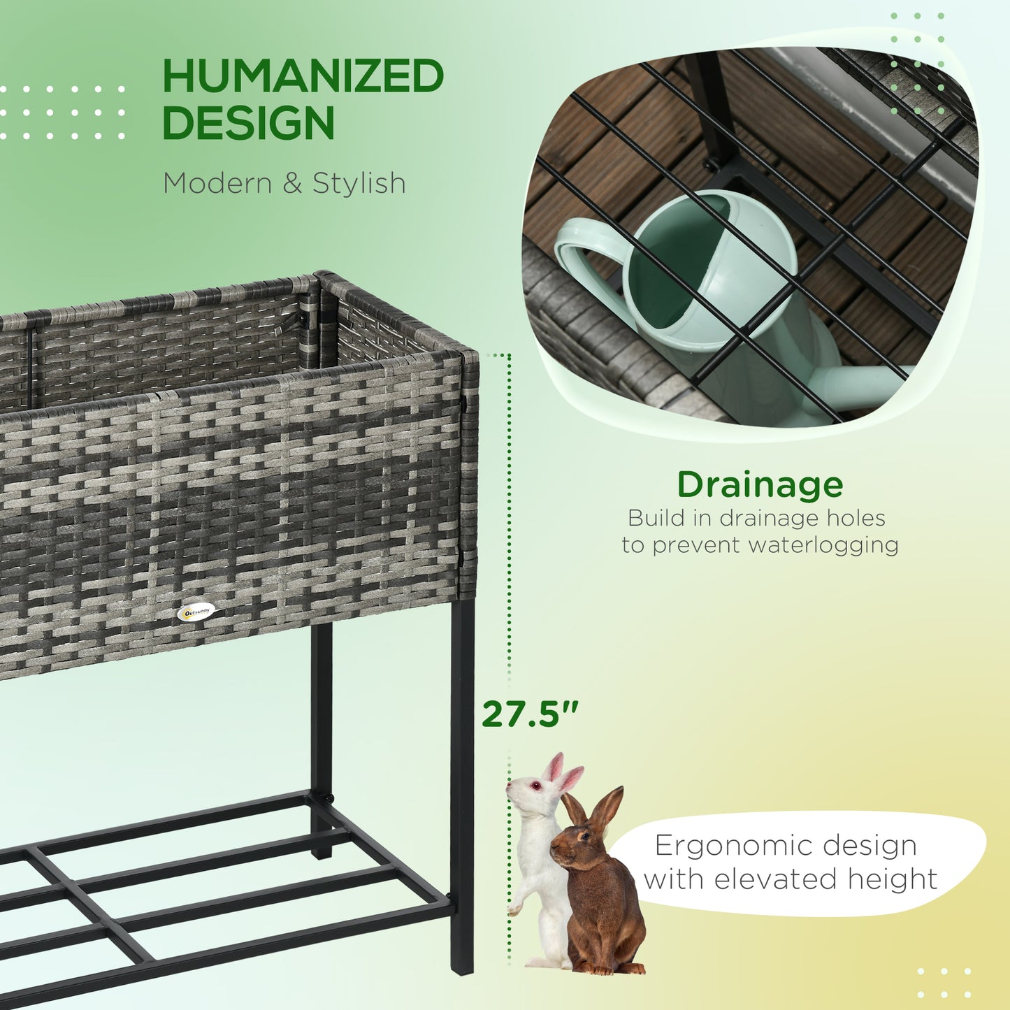 Raised Garden Bed with Rattan Wicker Look and Tool Storage Shelf - Portable Plant Planter