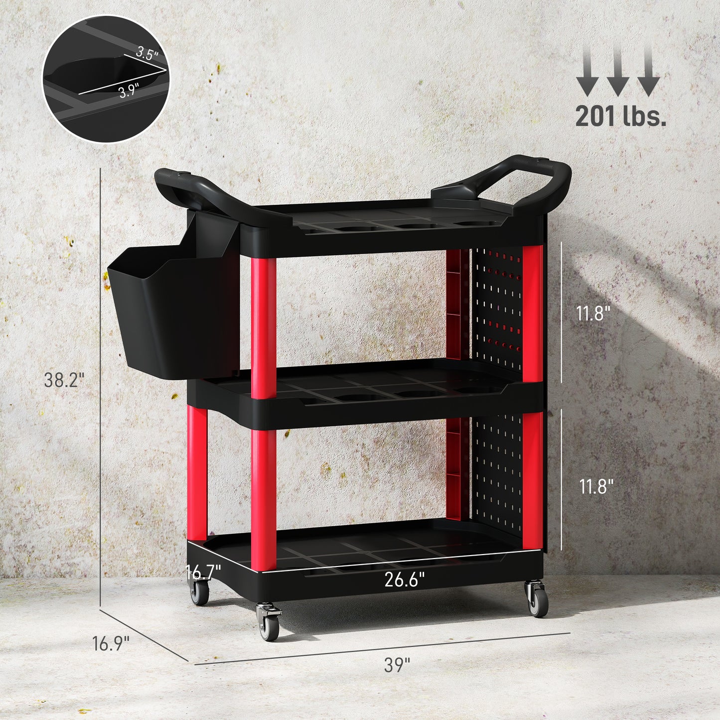 3-Tier Rolling Tool Cart - 200 LBS Capacity, Plastic Utility Cart with Side Shelf