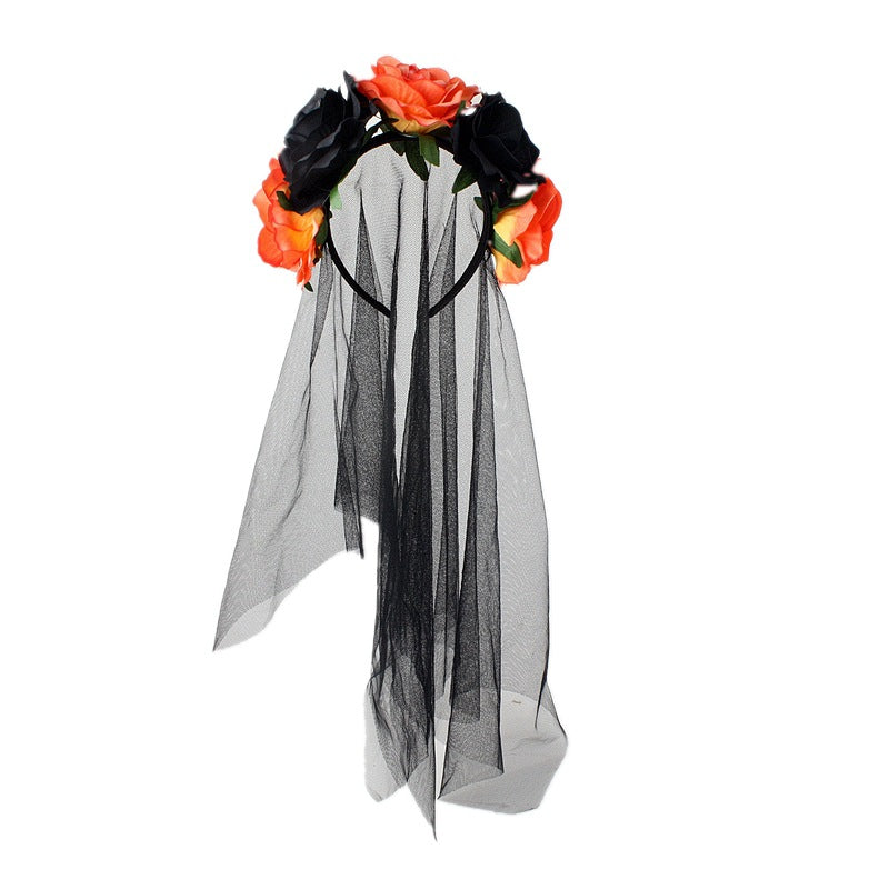 Halloween Witch Headband with Rose Flower & Veil