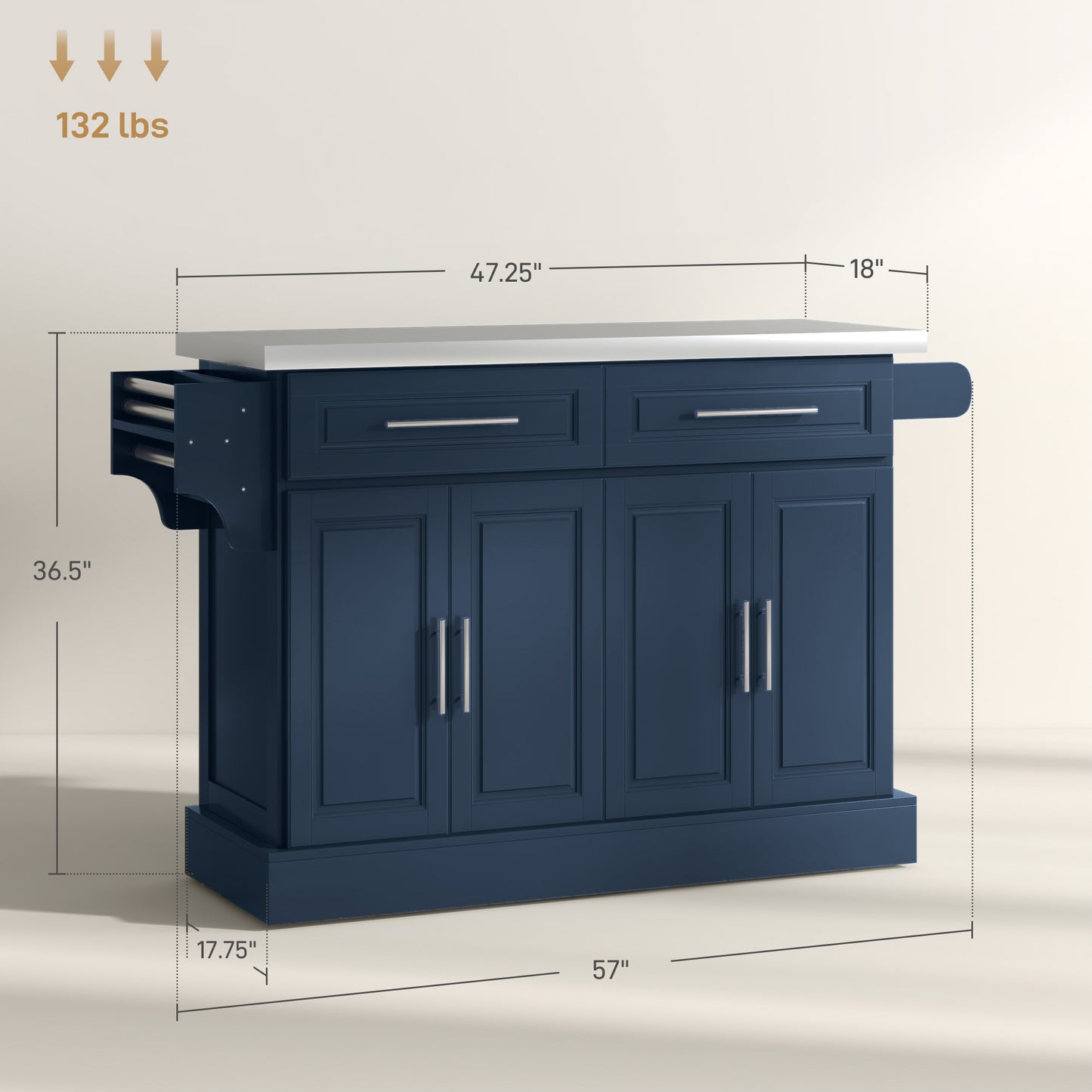 Rolling Kitchen Island with Stainless Steel Top & Drawers - Navy Blue