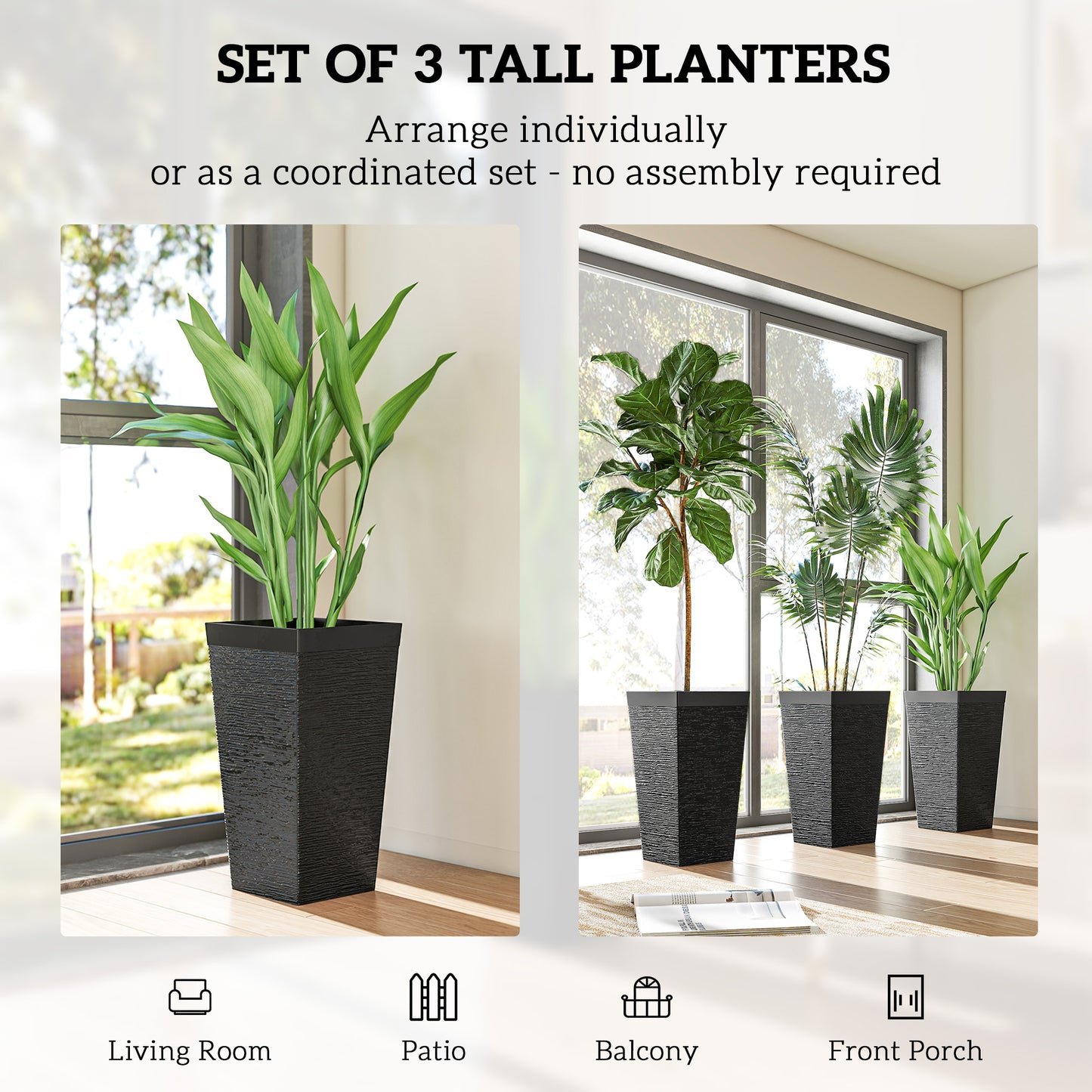 Set of 3 Outdoor Planting Pots with Wheels and Stone Finish - Stackable 22.8 Inch Black Garden Planters