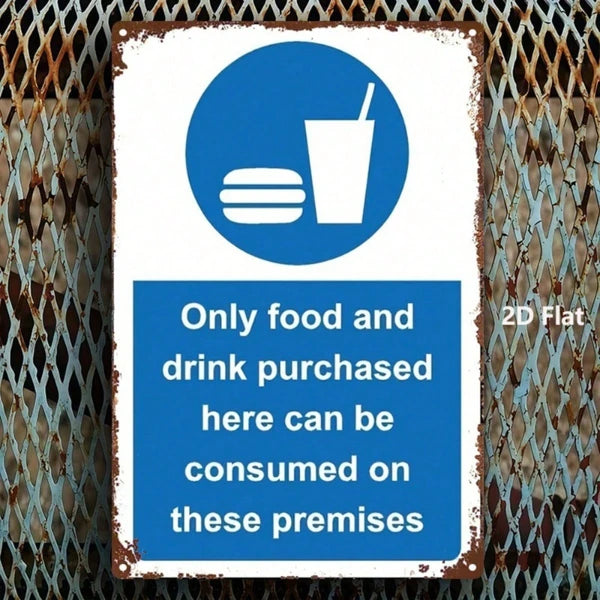Vintage Blue Metal Sign - Food & Drinks Only Allowed Here