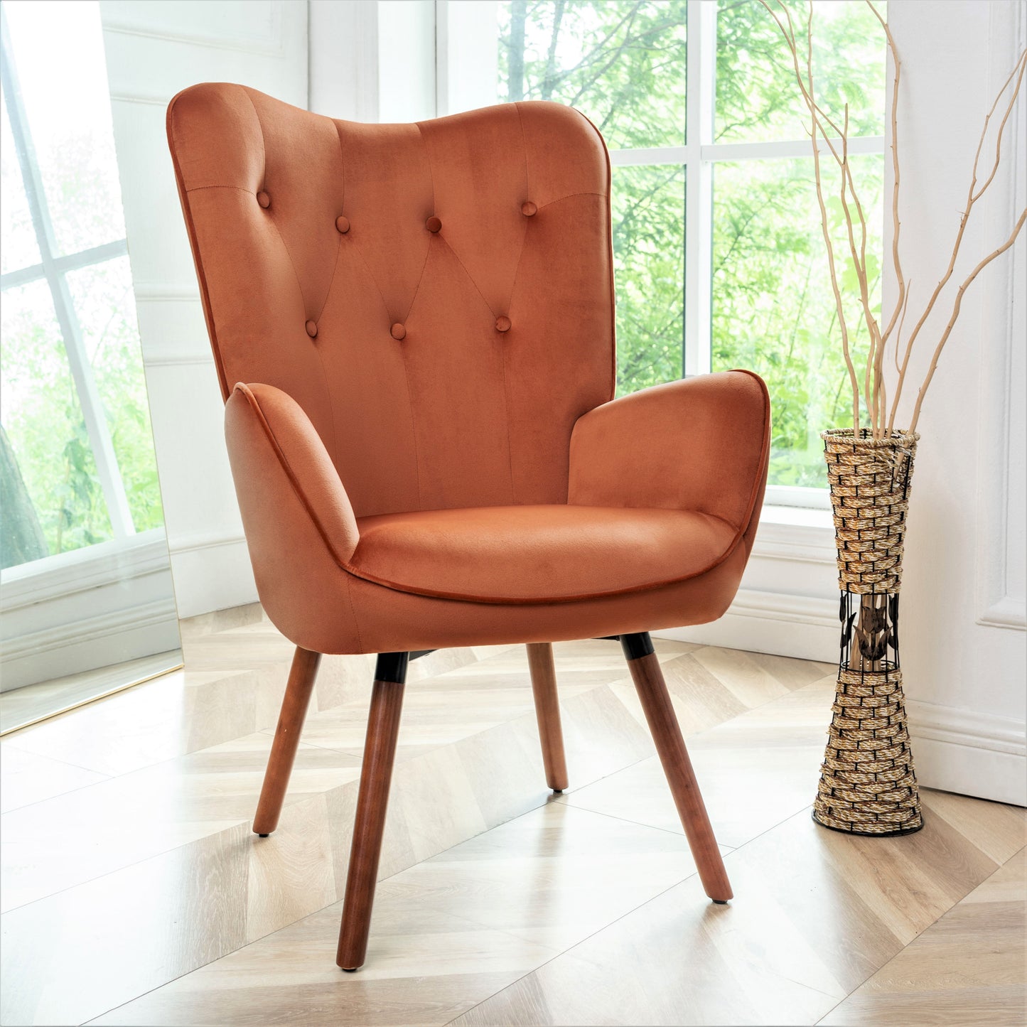 Mid-Century Modern Wingback Accent Chair, Button-Tufted Polyester