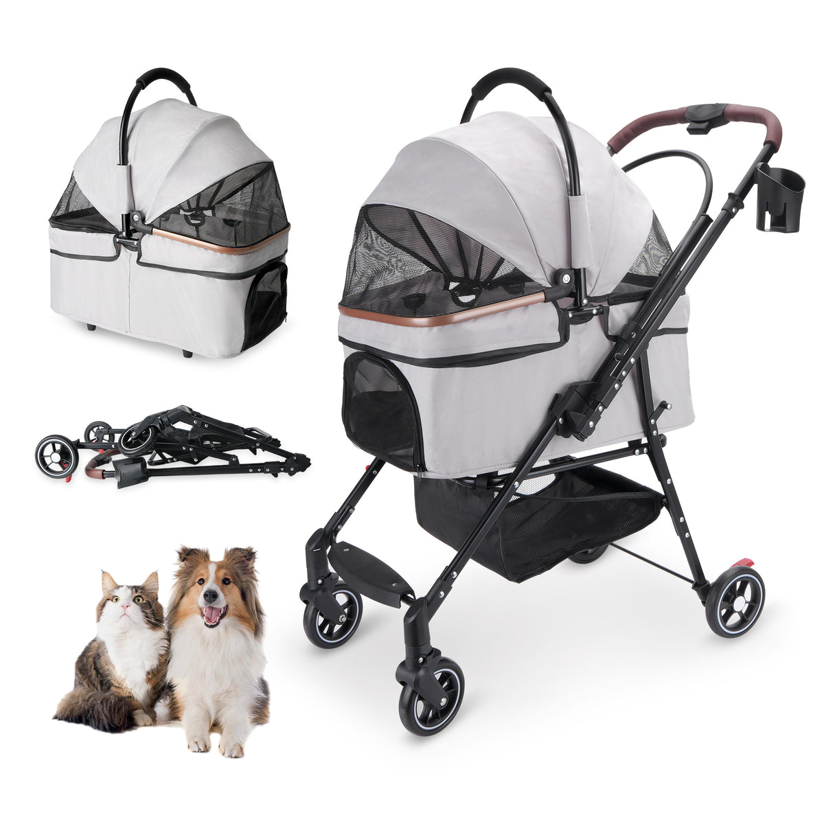 Foldable 4-Wheel Pet Stroller for Small Dogs & Cats - Grey, Travel & Separable Carrier