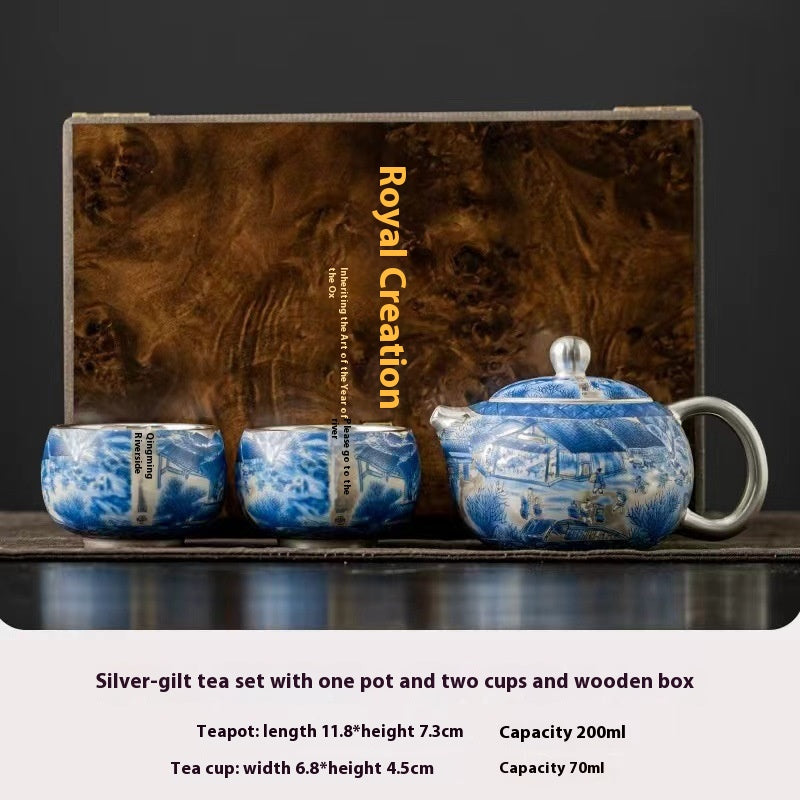 Gilded Silver Tea Set with Teapot - Retro Luxury Portable Drinkware