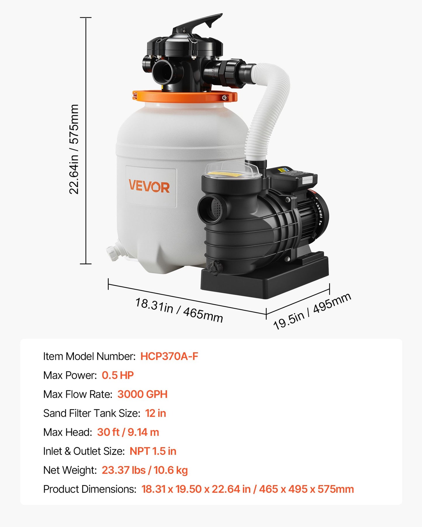 12-Inch Sand Filter Pump for Above Ground Pools - 0.5 HP, 3000 GPH, Ready to Use