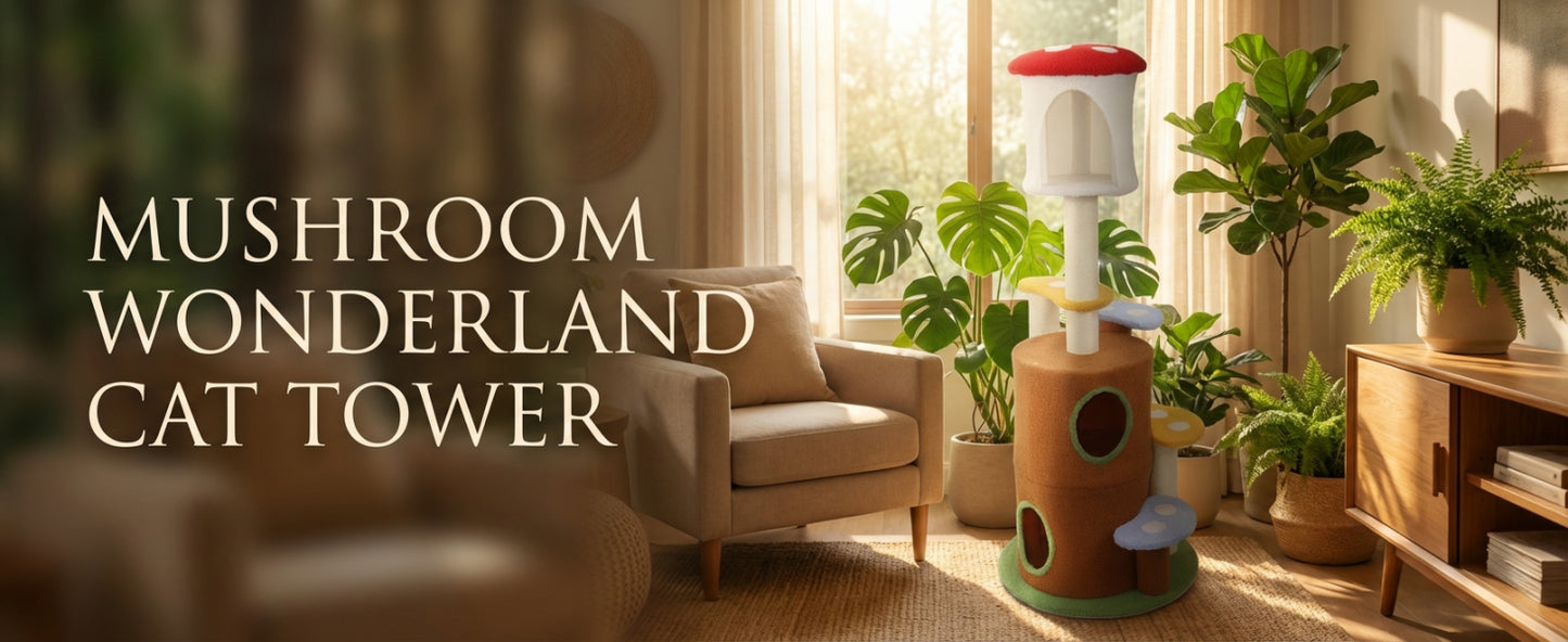 Large Mushroom Cat Tree with Condo, Platform & Ladder - Multi-Level Play & Rest