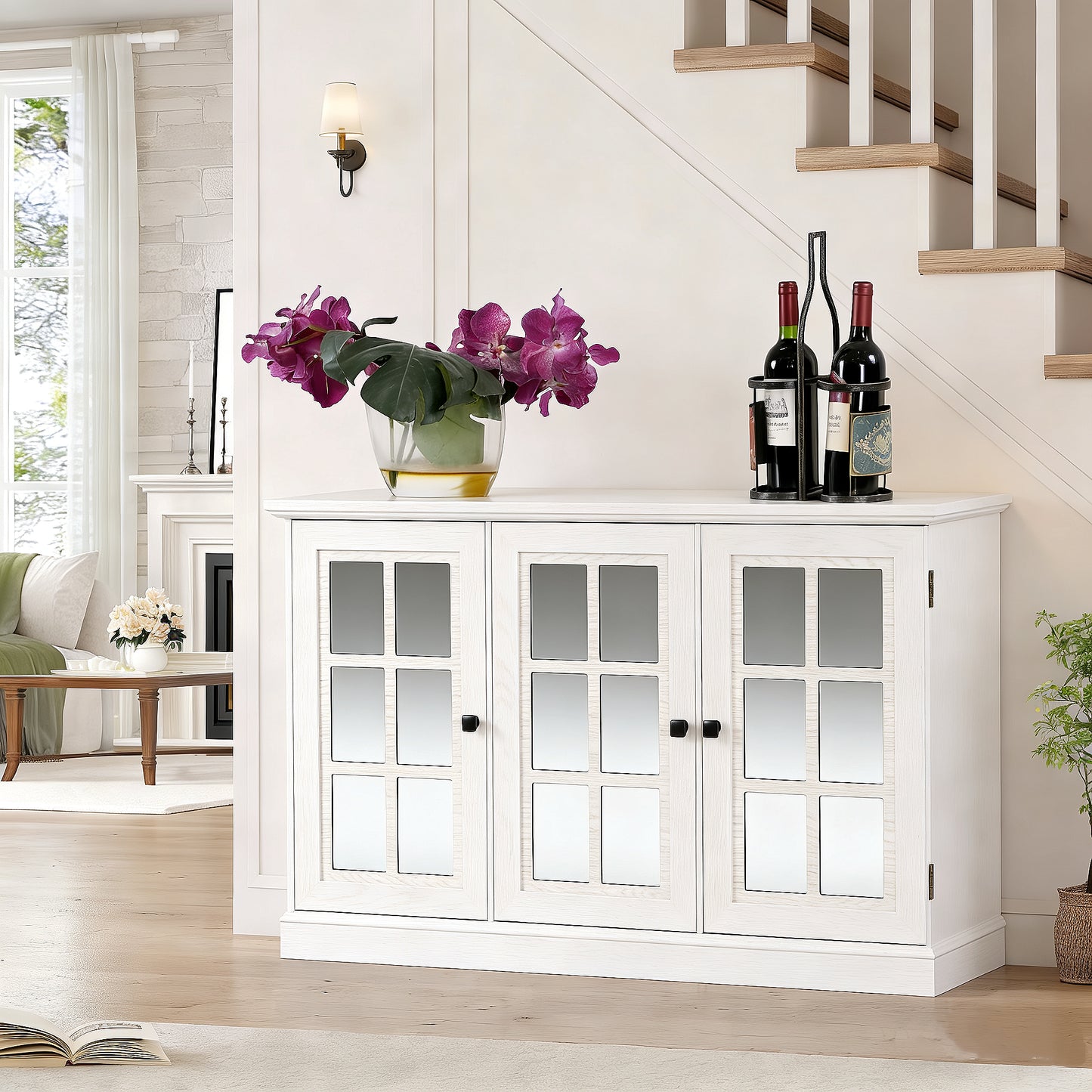 45 Wide Storage Cabinet With 3 Mirrored Acrylic Doors, Sideboard