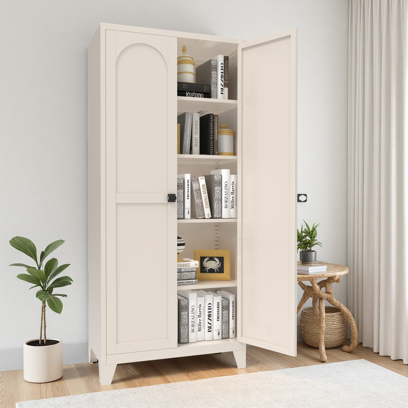 71-Inch Metal Storage Cabinet with Lock and Adjustable Shelves - Beige