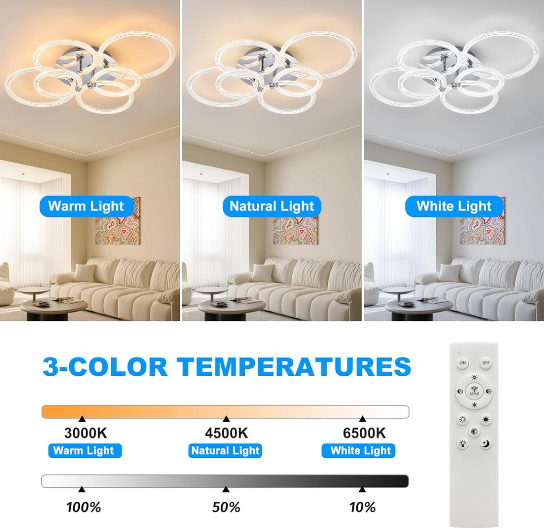 Modern LED Flush Mount Ceiling Light with Dimmable Remote Control, 6-Ring Acrylic Fixture for Bedroom Living Room Kitchen Office
