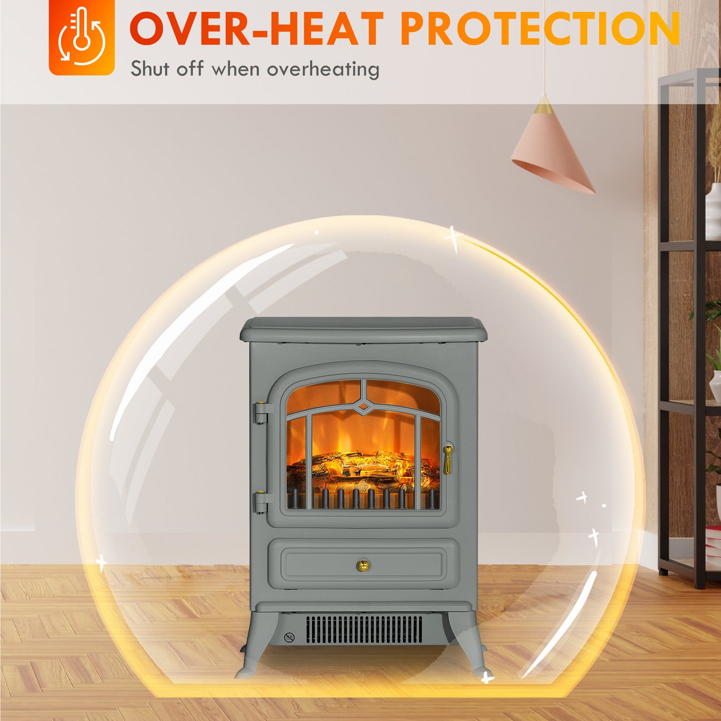 Electric Fireplace Heater with Realistic LED Flames, Logs, 725W/1450W - Gray