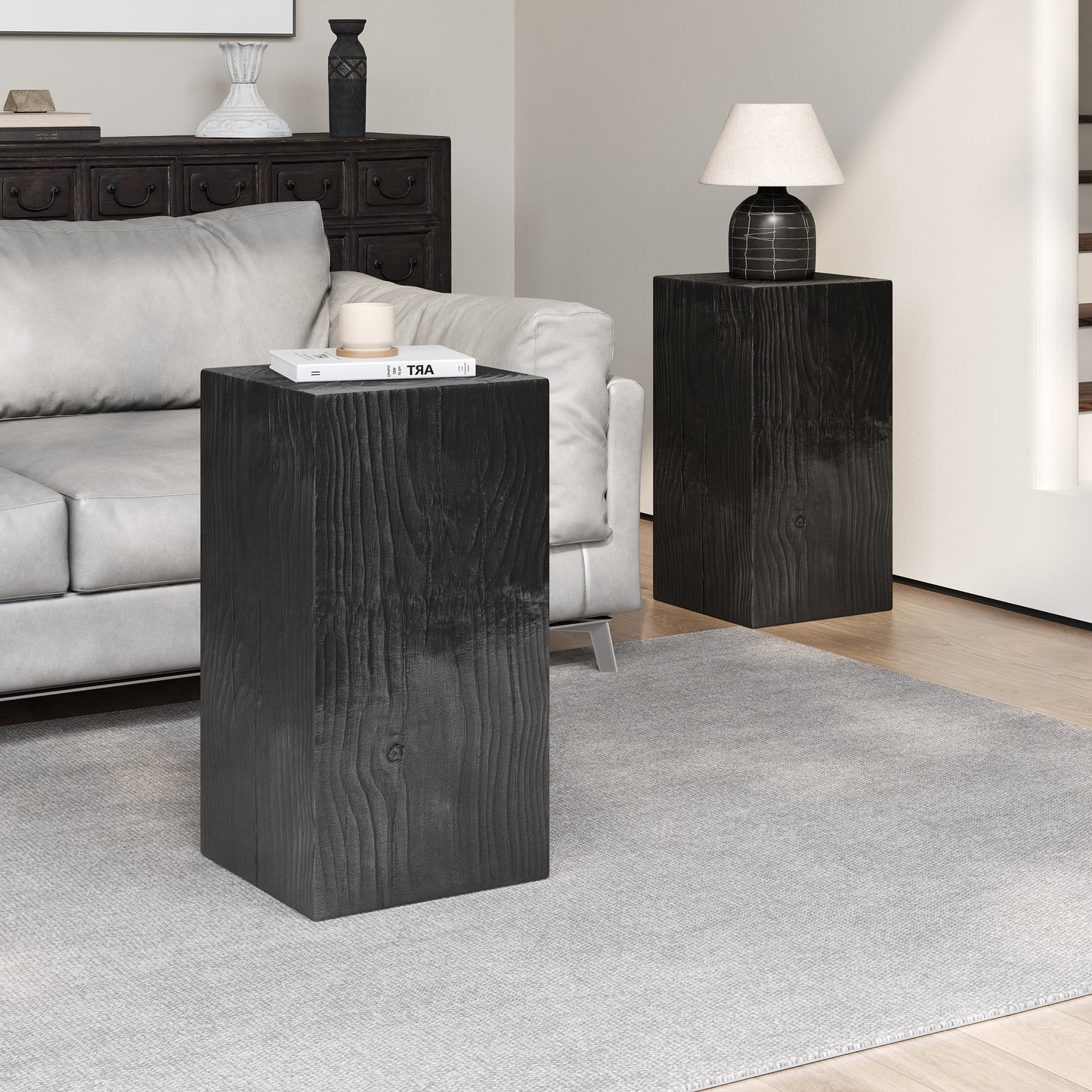 Wood-Look Square-Column MGO End Table, H27.75 ,Wood-Like Distressed