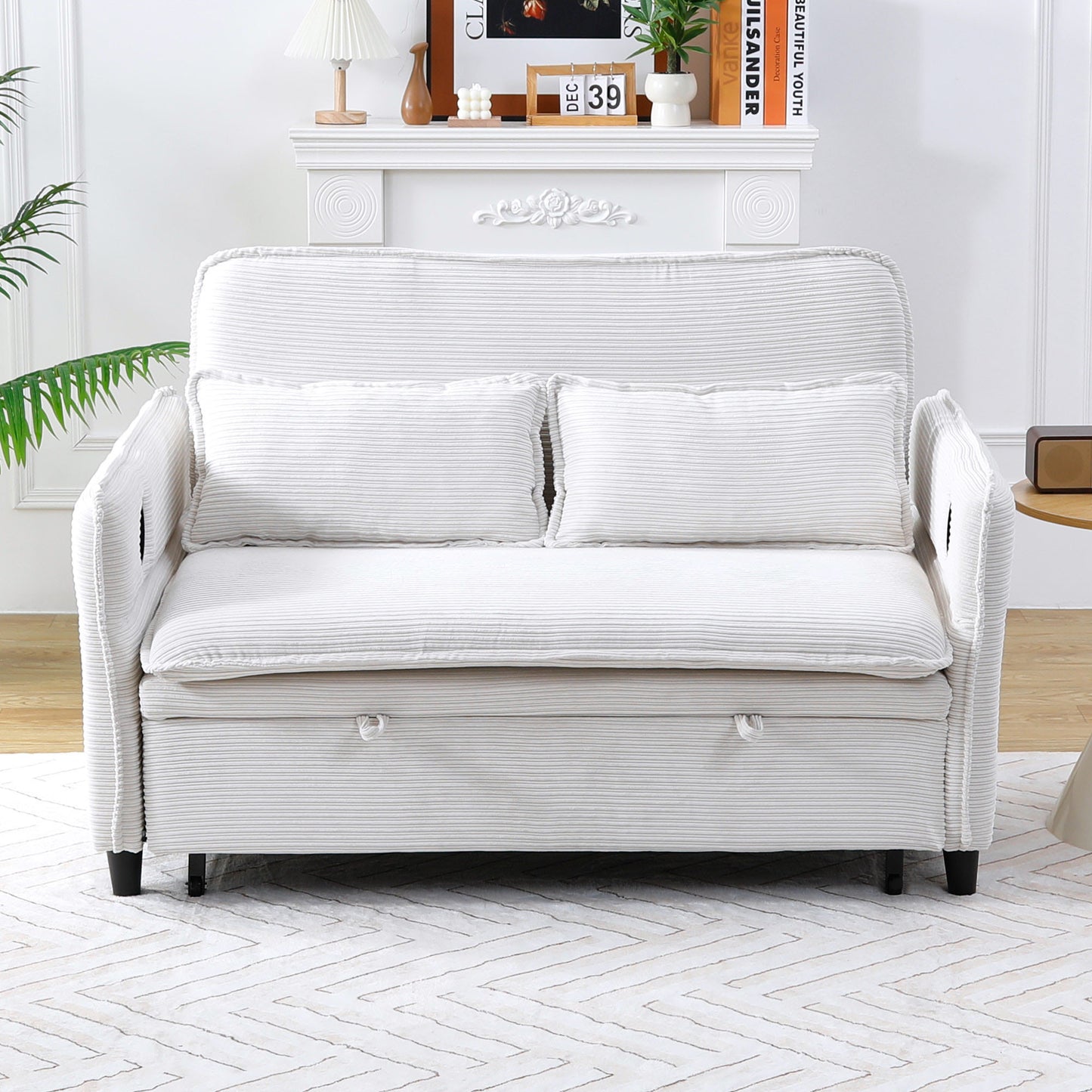 Multi-functional Beige Striped Sofa Bed with Adjustable Armrests